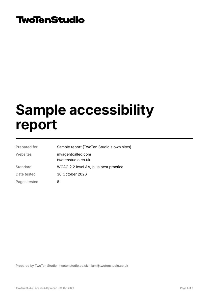 Report cover showing the sites tested, the WCAG 2.2 AA standard, the test date and the number of pages tested.
