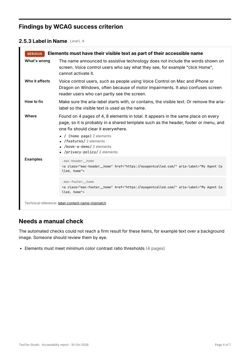 A findings page grouped under WCAG 2.5.3 Label in Name, explaining what is wrong, who it affects, how to fix it, where it was found, and example code.